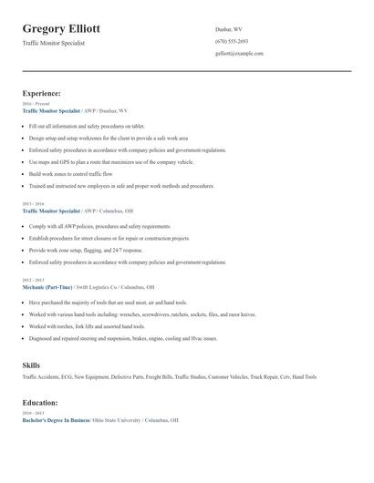 Traffic Monitor Specialist Resume