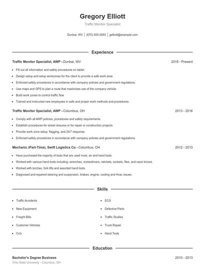 Traffic Monitor Specialist Resume