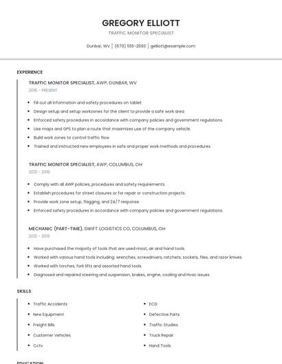 Traffic Monitor Specialist Resume