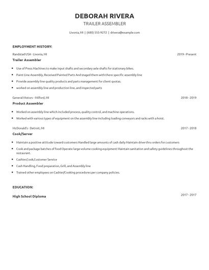 Trailer Assembler Resume