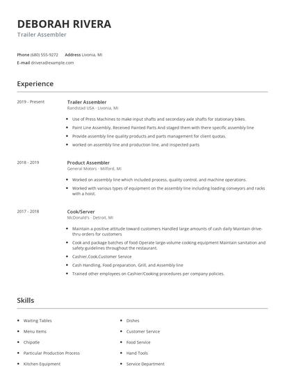 Trailer Assembler Resume