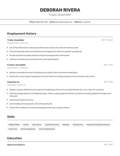 Trailer Assembler Resume