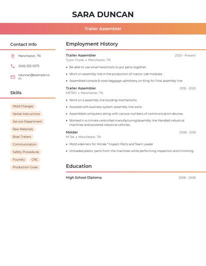 Trailer Assembler Resume