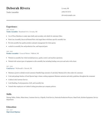Trailer Assembler Resume