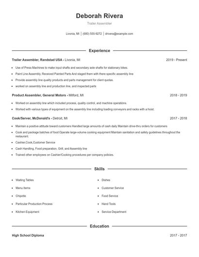 Trailer Assembler Resume