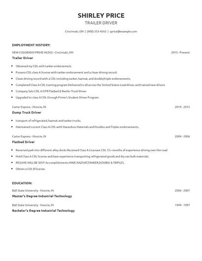 Trailer Driver Resume