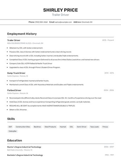 Trailer Driver Resume