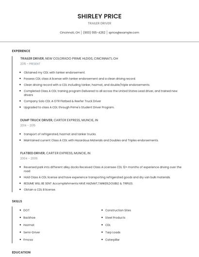 Trailer Driver Resume