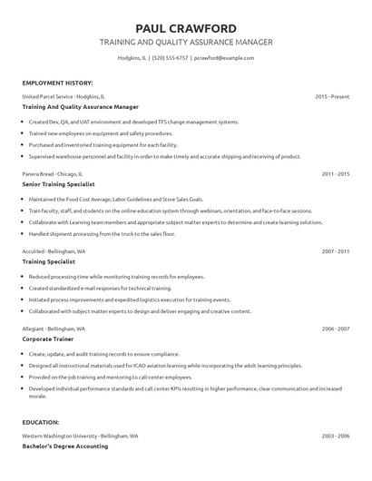 Training And Quality Assurance Manager Resume