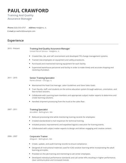 Training And Quality Assurance Manager Resume
