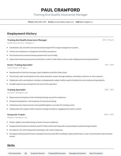 Training And Quality Assurance Manager Resume