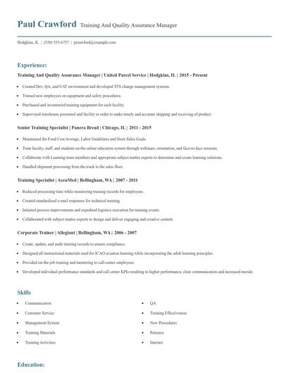 Training And Quality Assurance Manager Resume