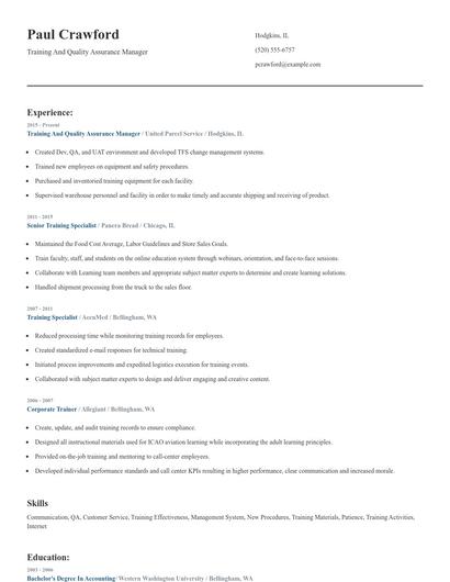 Training And Quality Assurance Manager Resume