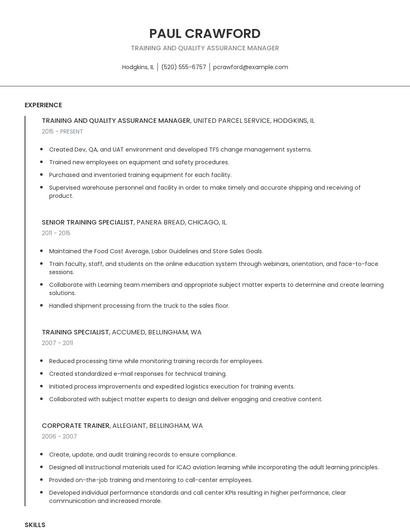 Training And Quality Assurance Manager Resume