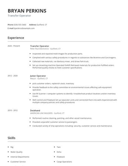 Transfer Operator Resume