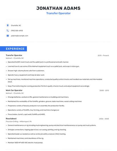 Transfer Operator Resume