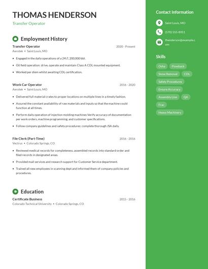 Transfer Operator Resume