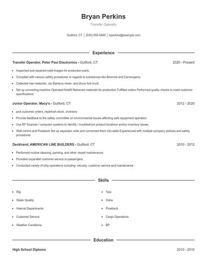 Transfer Operator Resume