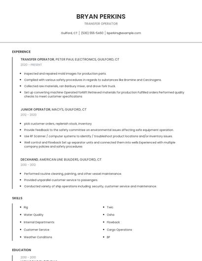 Transfer Operator Resume