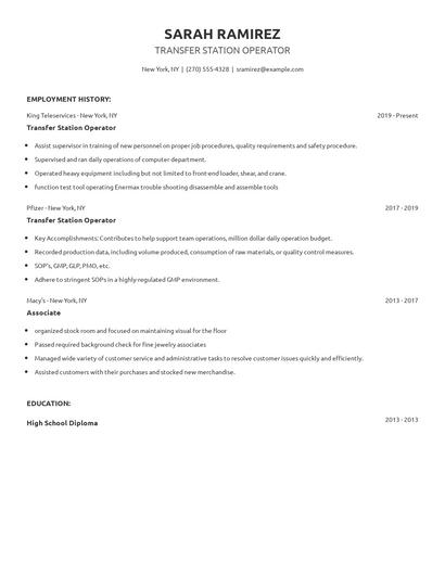 Transfer Station Operator Resume
