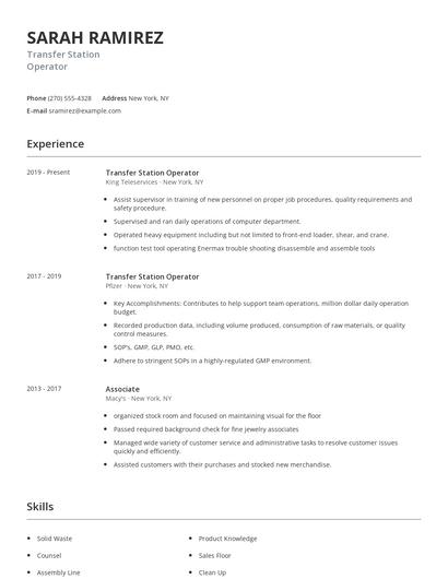 Transfer Station Operator Resume