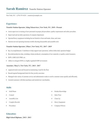 Transfer Station Operator Resume