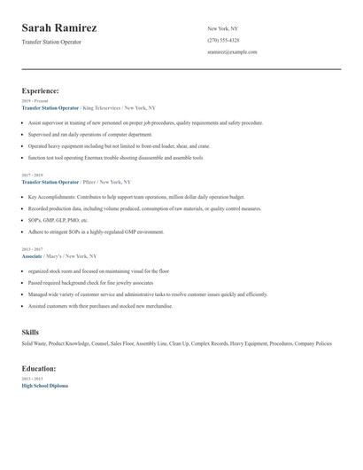 Transfer Station Operator Resume