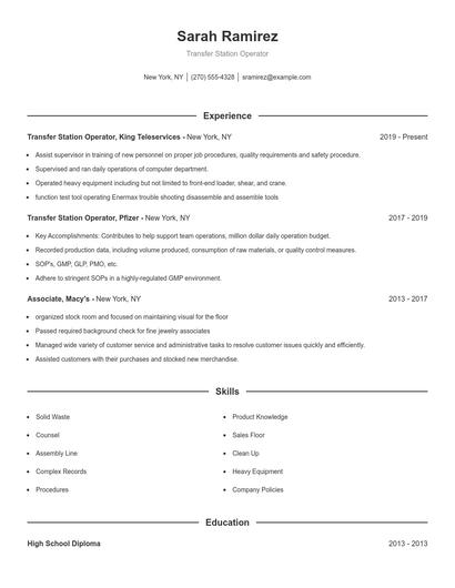 Transfer Station Operator Resume