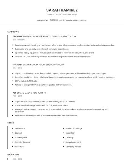 Transfer Station Operator Resume