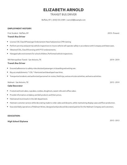 Transit Bus Driver Resume
