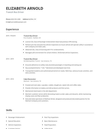 Transit Bus Driver Resume