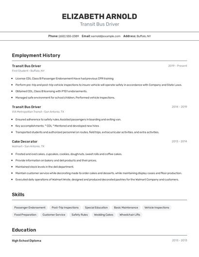 Transit Bus Driver Resume