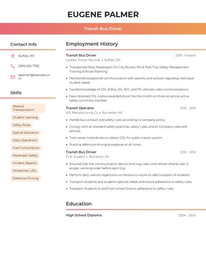 Transit Bus Driver Resume