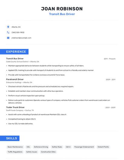 Transit Bus Driver Resume
