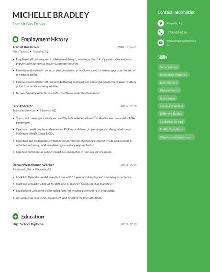 Transit Bus Driver Resume