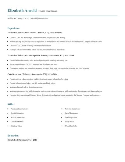 Transit Bus Driver Resume