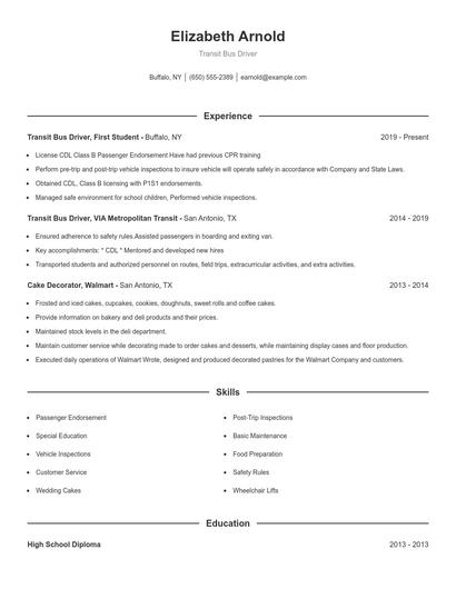 Transit Bus Driver Resume
