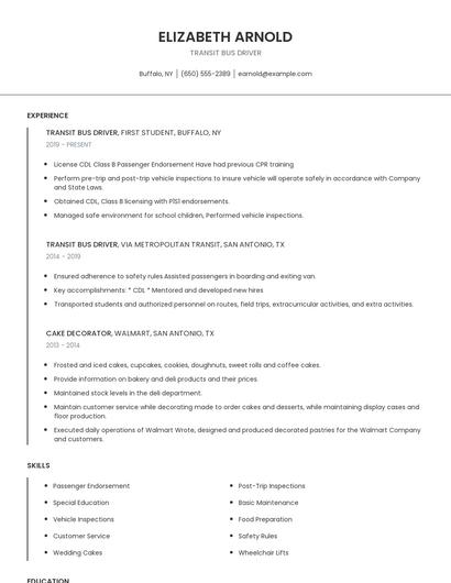 Transit Bus Driver Resume