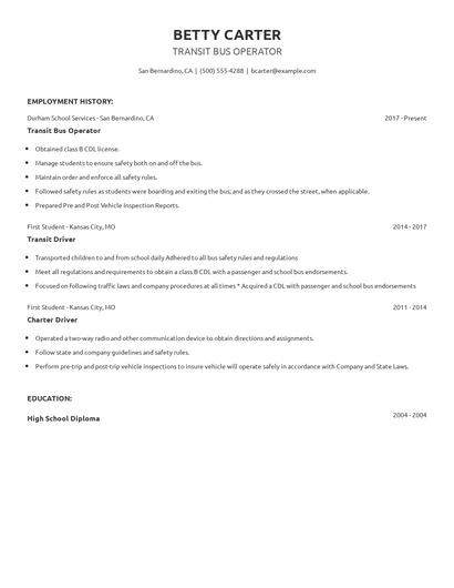 Transit Bus Operator Resume