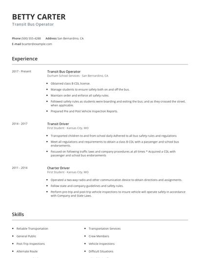 Transit Bus Operator Resume