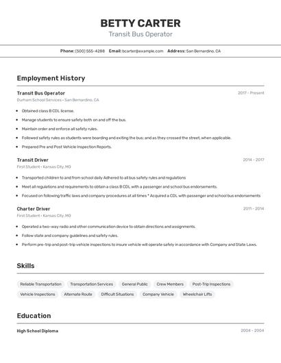 Transit Bus Operator Resume