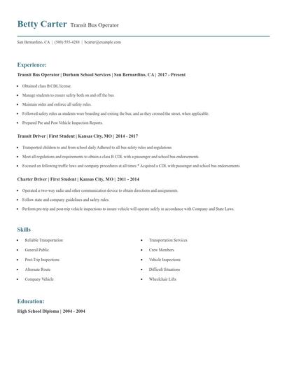 Transit Bus Operator Resume
