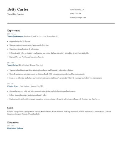 Transit Bus Operator Resume