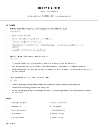 Transit Bus Operator Resume