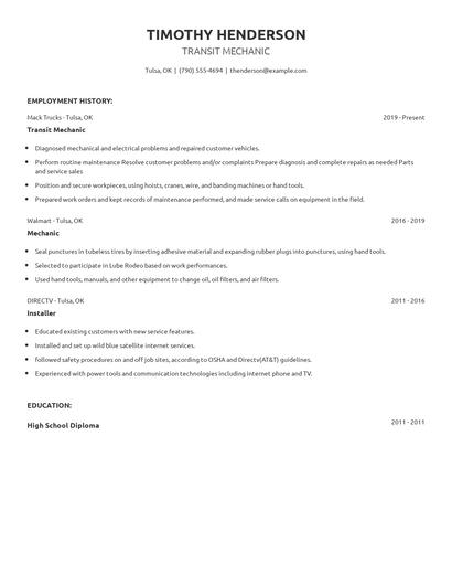 Transit Mechanic Resume