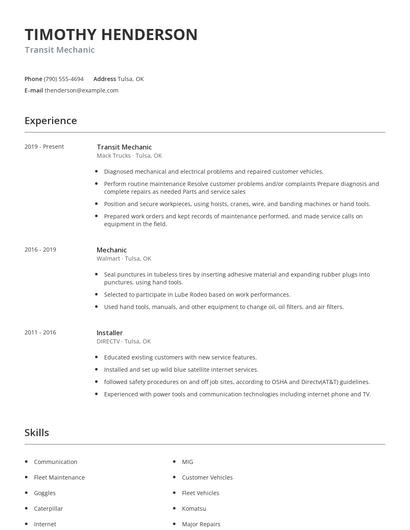 Transit Mechanic Resume