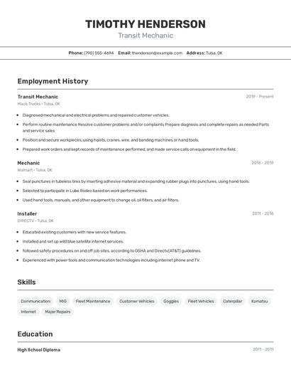 Transit Mechanic Resume