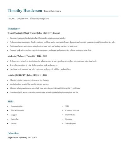 Transit Mechanic Resume