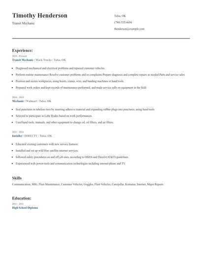 Transit Mechanic Resume