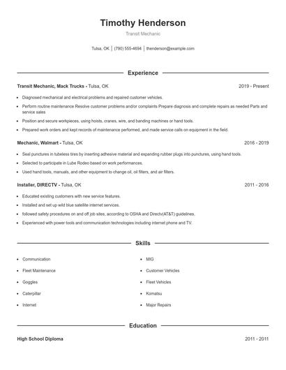 Transit Mechanic Resume
